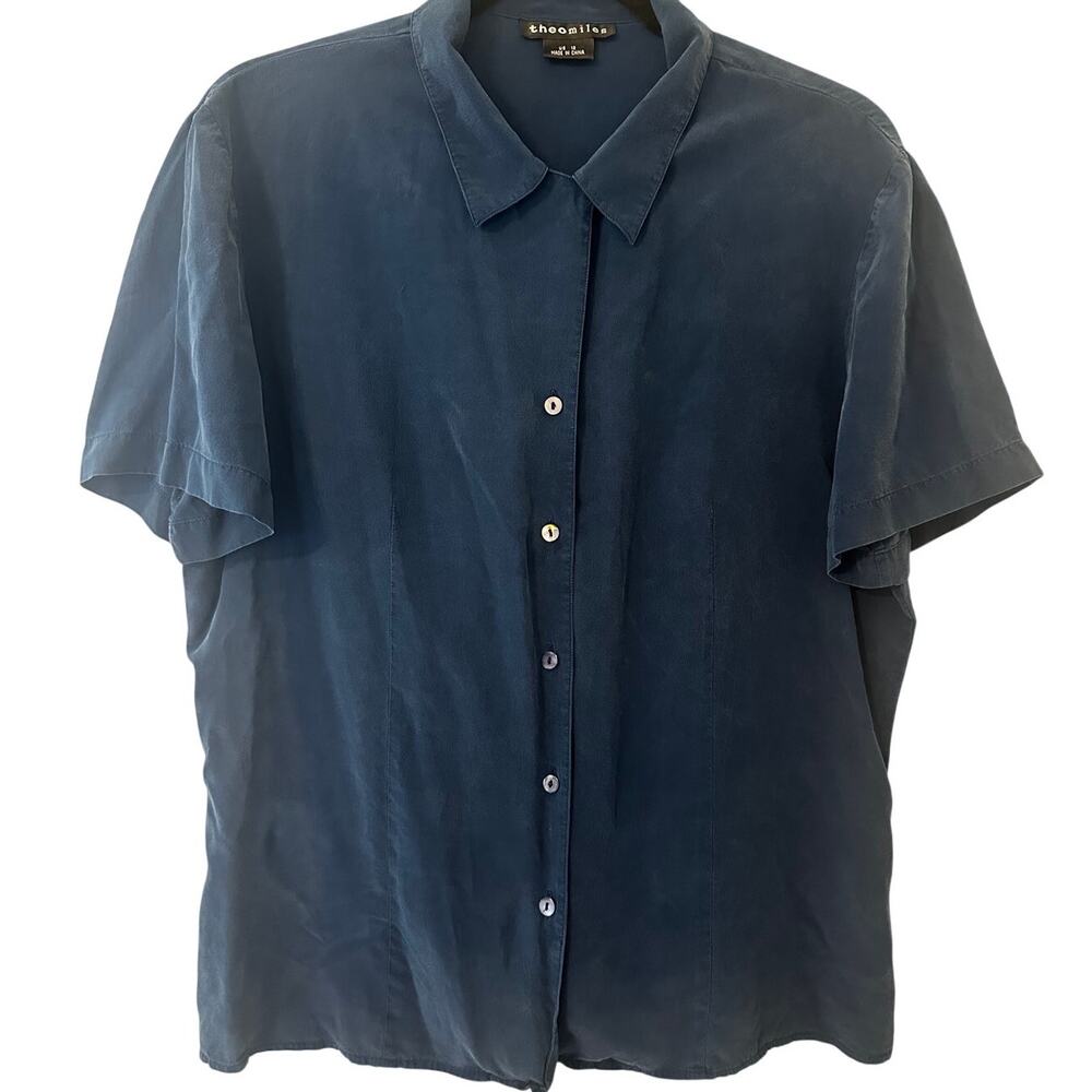 Theo Miles Blue Silk Button Front Blouse Size 12